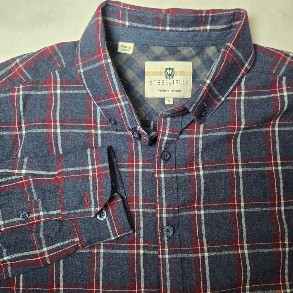 Steel & Jelly Shirt Large Blue Plaid Button Down Flannel Shirt British Design